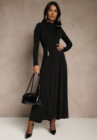 Renee - Czarna Sukienka Koktajlowa z Marszczeniem i Metaliczną Ozdobą Retanda. Okazja: do pracy, na spotkanie biznesowe, na imprezę, na randkę. Kolor: czarny. Wzór: aplikacja. Typ sukienki: asymetryczne. Styl: wizytowy #2