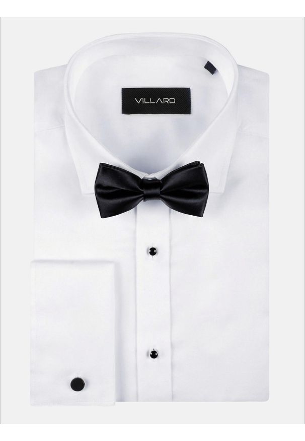 Mmer / Villaro - Koszule męskie - Koszula smokingowa męska z mankietami na spinki i guzikami jubilerskimi 094. Okazja: na spotkanie biznesowe, na wesele, na ślub cywilny. Typ kołnierza: kołnierzyk włoski. Materiał: elastan, materiał, tkanina, bawełna. Długość: długie. Styl: elegancki, biznesowy, wizytowy