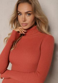 Renee - Pomarańczowa Prążkowana Sukienka o Dopasowanym Kroju z Golfem Linarielle. Okazja: na spotkanie biznesowe, na co dzień. Typ kołnierza: golf. Kolor: pomarańczowy. Materiał: prążkowany. Długość rękawa: długi rękaw. Typ sukienki: dopasowane. Styl: casual, biznesowy #4
