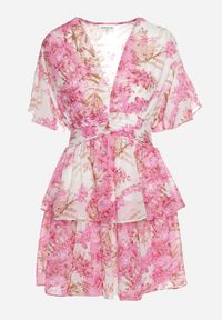 Born2be - Różowa Kwiecista Sukienka z Dekoltem w Serek i Gumką w Pasie z Falbankami Krinna. Okazja: na co dzień. Typ kołnierza: kołnierz z falbankami, dekolt w serek. Kolor: różowy. Styl: casual, elegancki #2