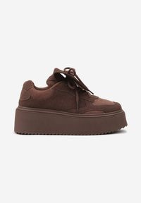 Born2be - Brązowe Sneakersy na Grubej Podeszwie z Wywiniętym Językiem i Kokardą Ellisare. Okazja: na co dzień. Kolor: brązowy. Materiał: jeans