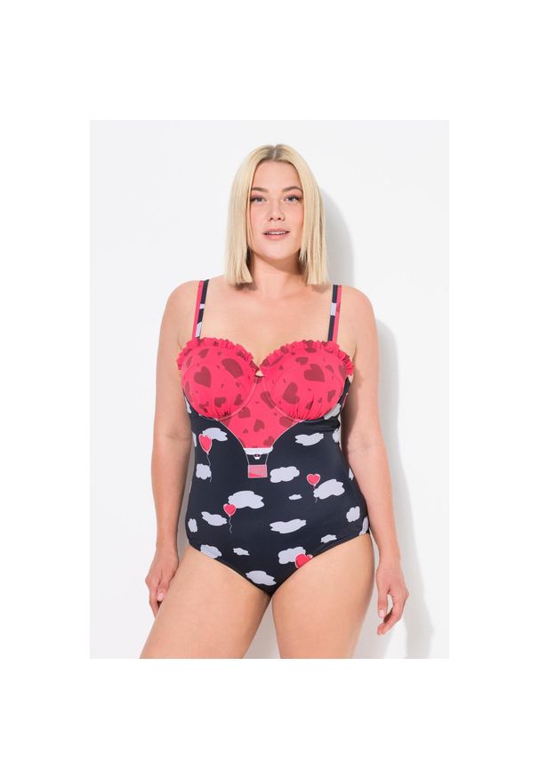 ULLA POPKEN - Damski Strój kąpielowy serca falbanka fiszbiny miękkie miseczki. Kolekcja: plus size. Kolor: czarny. Materiał: poliamid, materiał, elastan