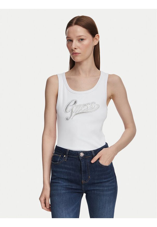 Guess Top W6YP30 K4380 Biały Slim Fit. Kolor: biały. Materiał: syntetyk