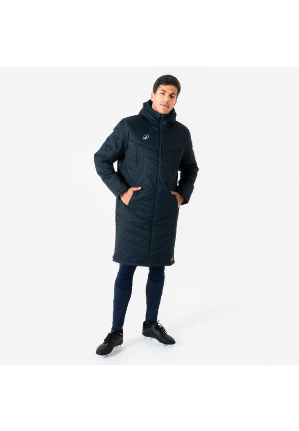 KIPSTA - Długa parka do piłki nożnej Kipsta. Kolor: niebieski. Długość: długie. Sport: piłka nożna