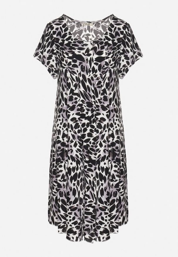 Born2be - Szara Sukienka z Wiskozy o Rozkloszowanym Kroju w Panterkę Luneira. Okazja: na co dzień. Kolor: szary. Materiał: wiskoza. Długość rękawa: krótki rękaw. Wzór: motyw zwierzęcy. Typ sukienki: rozkloszowane. Styl: casual, klasyczny