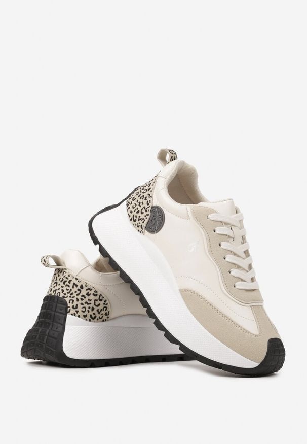 Born2be - Beżowe Sneakersy Vices na Grubej Podeszwie z Motywem Panterki i Naszywką Selarisa. Okazja: na co dzień. Kolor: beżowy. Materiał: jeans. Wzór: aplikacja, motyw zwierzęcy