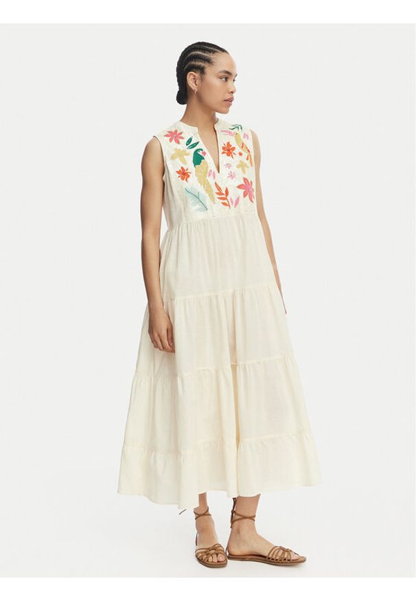 LOLA CASADEMUNT Sukienka letnia LS2616006 Kremowy Relaxed Fit. Kolor: kremowy. Materiał: bawełna. Sezon: lato