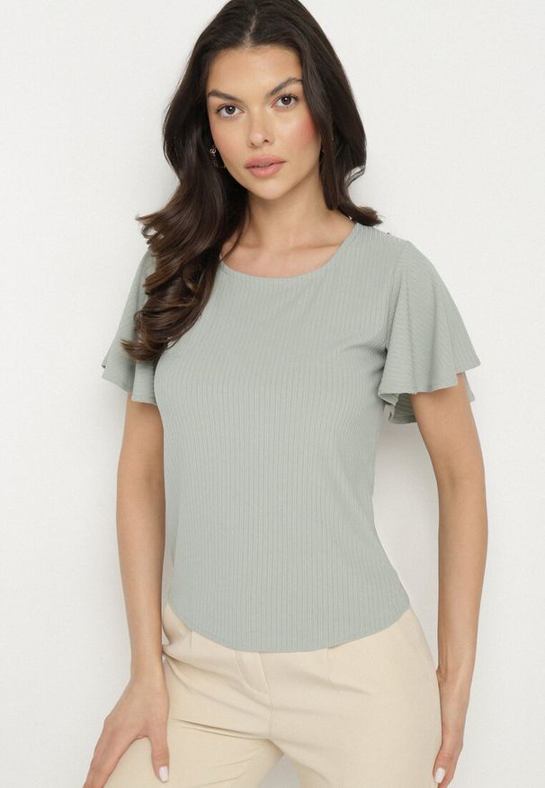 Born2be - Jasnozielona Bluzka Ozdobiona Szerokimi Rękawami Sunlisa. Okazja: na co dzień. Kolor: zielony. Materiał: jeans. Wzór: aplikacja. Styl: klasyczny, casual