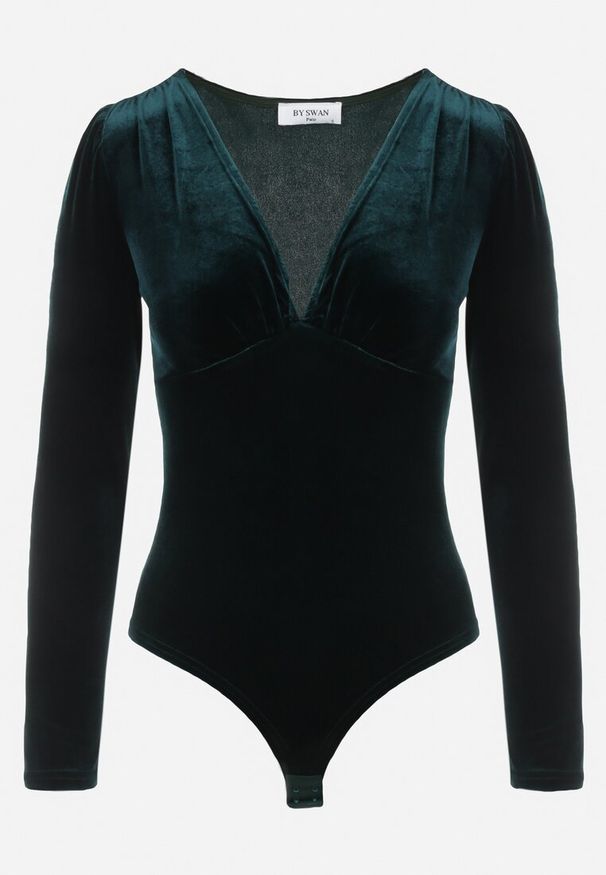 Born2be - Ciemnozielone Welurowe Body z Głębokim Dekoltem Fennia. Kolor: zielony. Materiał: welur. Długość rękawa: długi rękaw. Długość: długie. Sezon: zima, jesień. Styl: elegancki