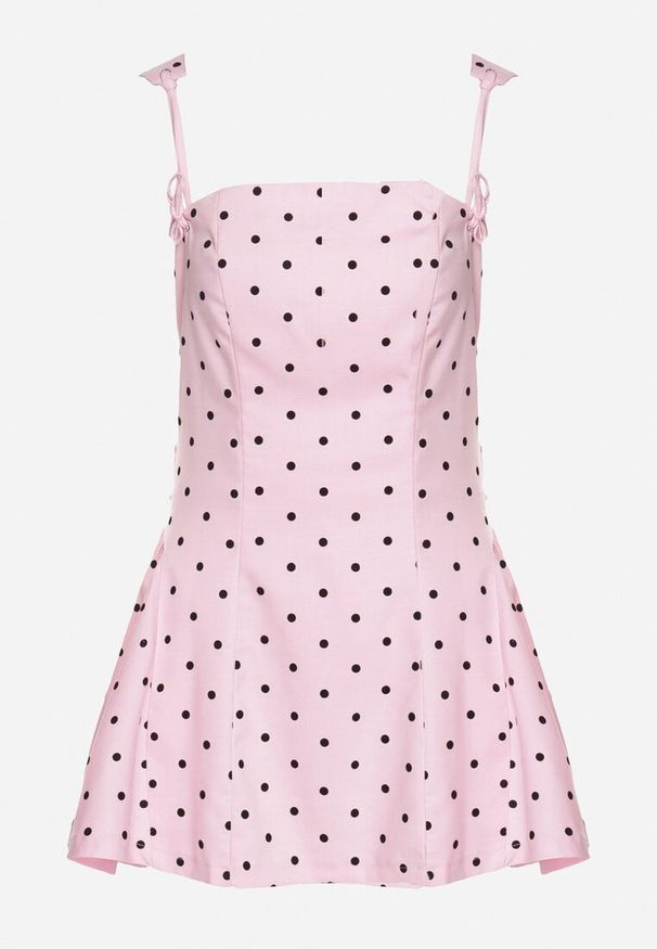 Born2be - Różowa Sukienka Vices w Grochy o Rozkloszowanym Kroju z Wiązaniem na Ramiączkach Saririse. Okazja: na ślub cywilny, na wesele. Typ kołnierza: dekolt kwadratowy, dekolt gorset. Kolor: różowy. Długość rękawa: na ramiączkach. Wzór: grochy. Typ sukienki: gorsetowe