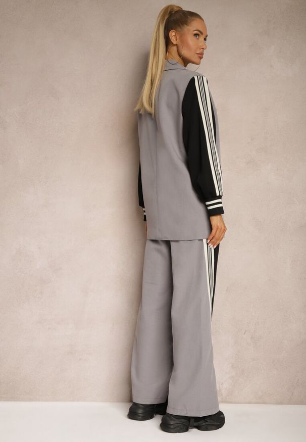 Renee - Szary Streetwearowy Komplet z Marynarką i Spodniami Wide Leg w Prążki Naorin. Kolor: szary. Wzór: prążki