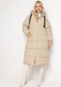 Born2be - Beżowa Długa Kurtka Pikowana Płaszcz na Zamek z Kapturem Lesea. Okazja: na co dzień. Typ kołnierza: kaptur. Kolor: beżowy. Materiał: dzianina, jeans. Długość: długie. Styl: casual, elegancki #7