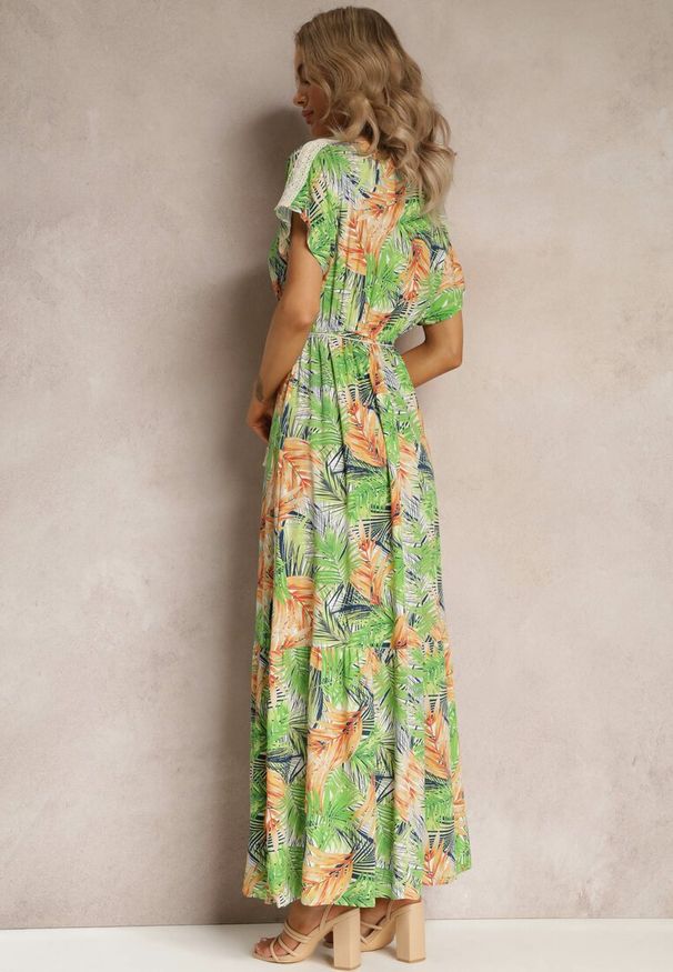 Renee - Zielono-Pomarańczowa Maxi Sukienka z Wiskozy w Kwiatowy Print ze Sznurkiem w Talii Anukka. Kolor: zielony. Materiał: wiskoza. Wzór: kwiaty, nadruk. Długość: maxi