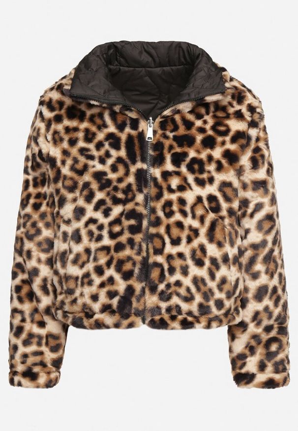 Born2be - Czarna Dwustronna Kurtka Puffer z Pikowaniem i Futerkiem w Panterkę Selinnia. Okazja: na co dzień. Kolor: czarny. Materiał: futro. Wzór: motyw zwierzęcy. Styl: sportowy, casual, elegancki