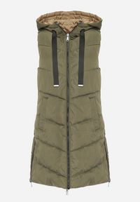 Born2be - Ciemnozielona Pikowana Kamizelka Dwustronna z Kapturem i Sznurkami Leorani. Okazja: na co dzień, na spacer. Typ kołnierza: kaptur. Kolor: zielony. Materiał: jeans. Styl: casual, sportowy #7