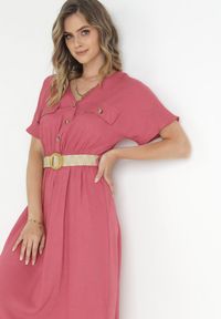 Born2be - Ciemnoróżowa Bawełniana Sukienka Midi z Gumką w Pasie i Paskiem z Klamerką Daylia. Kolor: różowy. Materiał: bawełna. Sezon: wiosna, lato. Długość: midi #2