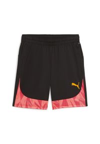 Puma - Męskie spodenki piłkarskie individualFINAL PUMA Black Sun Stream Orange. Kolor: wielokolorowy, czarny, różowy, pomarańczowy. Wzór: nadruk. Sport: piłka nożna