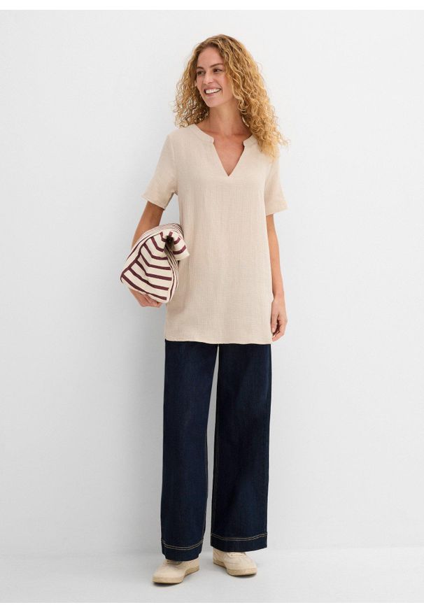 bonprix - Długa tunika muślinowa z czystej bawełny. Kolor: szary. Materiał: bawełna. Długość rękawa: krótki rękaw. Długość: długie, krótkie