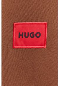 Hugo - HUGO bluza bawełniana męska kolor brązowy z aplikacją. Kolor: brązowy. Materiał: bawełna. Wzór: aplikacja #2