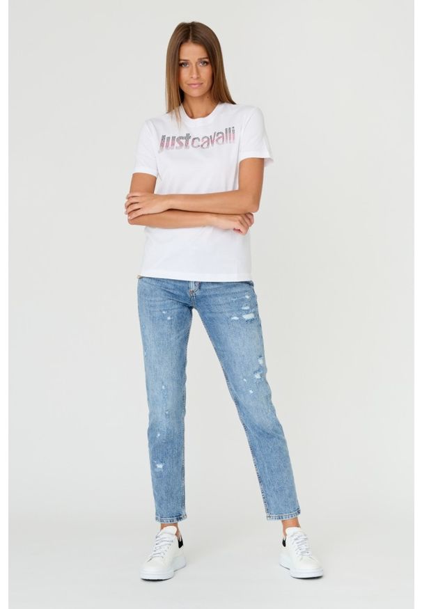 Just Cavalli - JUST CAVALLI Biały t-shirt R LOGO CRYSTAL. Kolor: biały. Materiał: bawełna