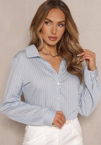 Renee - Jasnoniebieska Casualowa Koszula z Dodatkiem Bawełny w Paski Merinete. Okazja: na co dzień. Kolor: niebieski. Materiał: bawełna. Wzór: paski. Styl: casual #5