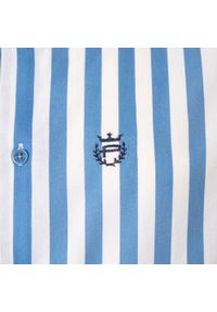 Biała, Lekko Taliowana Koszula Męska - Pako Jeans - Niebieski Prążek. Okazja: na co dzień. Kolor: niebieski. Materiał: wiskoza, bawełna. Wzór: paski. Styl: casual #4