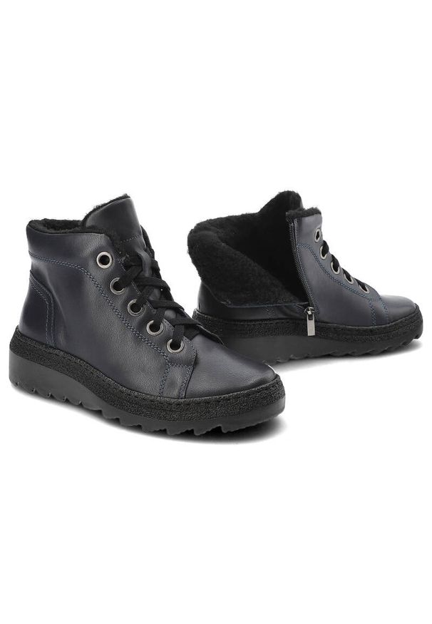 Granatowe Trzewiki Armodo Ocieplane Buty Damskie. Zapięcie: sznurówki. Kolor: niebieski. Materiał: materiał, skóra, jeans, futro. Sezon: zima. Styl: klasyczny, elegancki