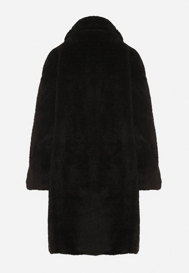 Born2be - Czarny Dwurzędowy Płaszcz Teddy o Fasonie Oversize Anerre. Typ kołnierza: golf. Kolor: czarny. Materiał: dzianina, jeans, wełna. Styl: elegancki