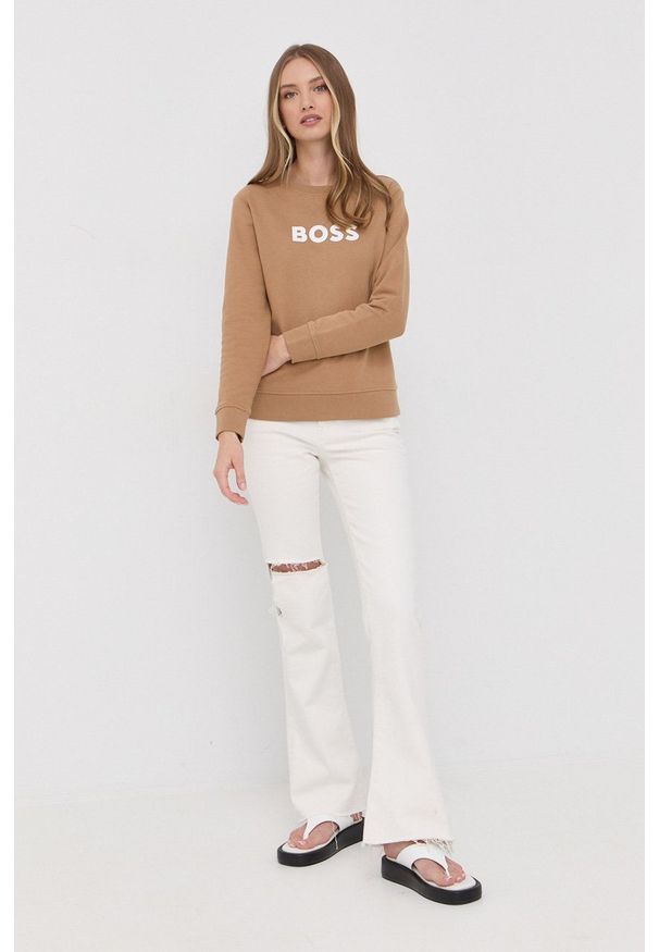 BOSS bluza bawełniana damska kolor beżowy z nadrukiem. Kolor: beżowy. Materiał: bawełna. Długość rękawa: długi rękaw. Długość: długie. Wzór: nadruk