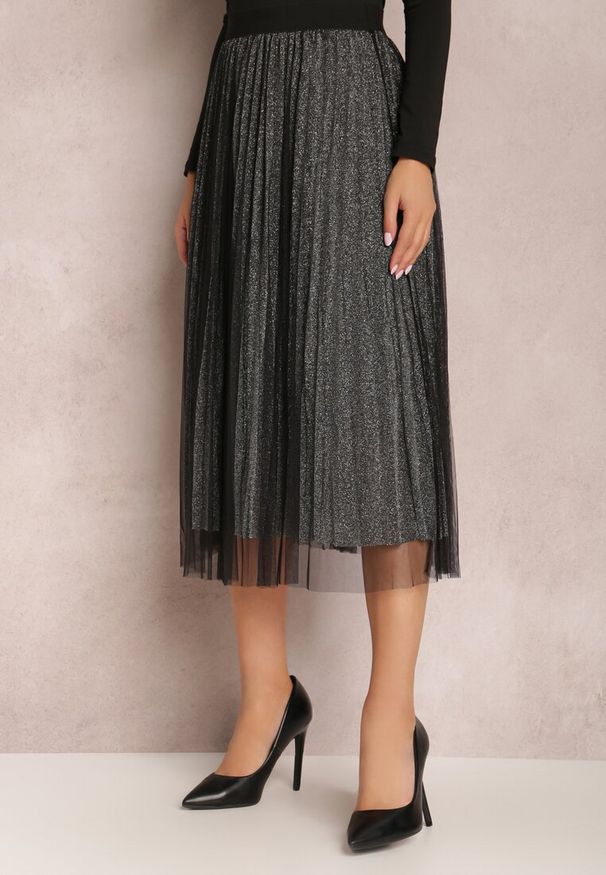 Renee - Czarno-Srebrna Spódnica Voloelle. Kolor: czarny. Materiał: dzianina. Styl: elegancki, klasyczny, glamour