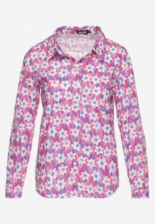 Born2be - Fuksjowa Bawełniana Koszula o Klasycznym Kroju w Kwiatki Tarievia. Okazja: na co dzień. Typ kołnierza: kołnierzyk klasyczny. Kolor: różowy. Materiał: bawełna. Długość rękawa: długi rękaw. Długość: długie. Wzór: kwiaty. Styl: klasyczny