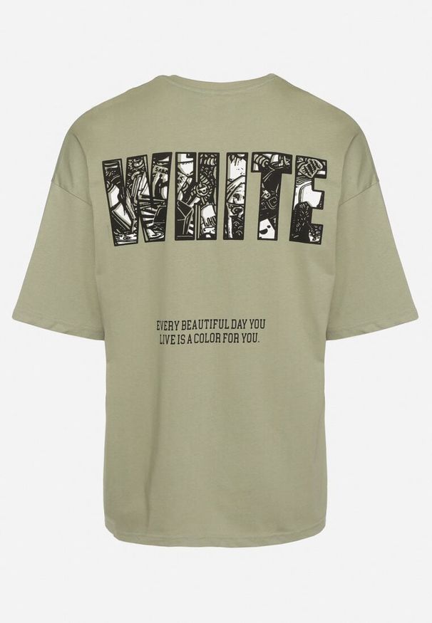 Born2be - Jasnozielona Bawełniana Koszulka T-shirt z Ozdobnym Nadrukiem Sanestia. Okazja: na co dzień. Kolor: zielony. Materiał: bawełna. Wzór: nadruk. Styl: casual, klasyczny, elegancki
