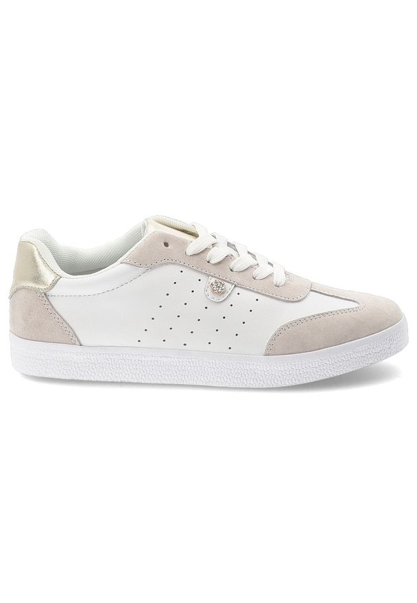 Sneakersy damskie S.Barski, sportowe ze skóry naturalnej wstawki zamszowe perforowana cholewka sznurowane lekka podeszwa casual, białe, LR61-7091. Okazja: na co dzień. Zapięcie: sznurówki. Kolor: biały. Materiał: skóra, zamsz. Szerokość cholewki: normalna. Sport: turystyka piesza