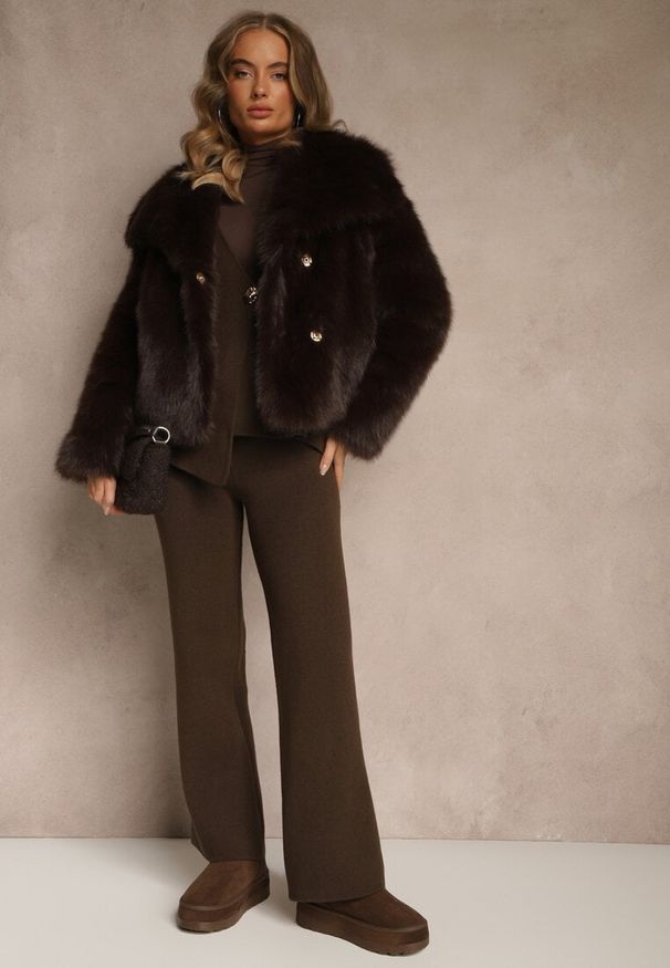 Renee - Brązowy Dzianinowy Komplet z Wiskozą Spodnie i Asymetryczny Kardigan Uninassa. Kolor: brązowy. Materiał: dzianina, wiskoza