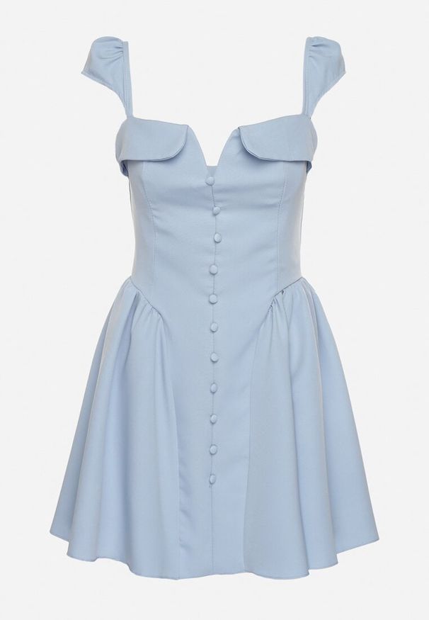 Born2be - Niebieska Rozkloszowana Sukienka z Ozdobnym Dekoltem i Guzikami Salasesia. Okazja: na co dzień. Typ kołnierza: dekolt kwadratowy. Kolor: niebieski. Styl: elegancki, casual