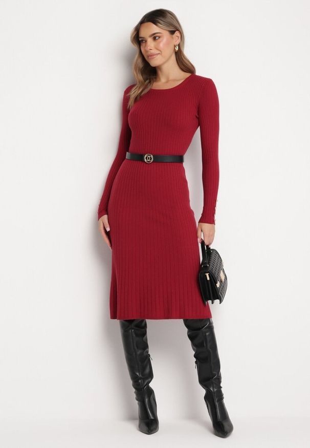 Born2be - Bordowa Sweterkowa Sukienka Midi z Wełną i Kaszmirem Armanda. Kolor: czerwony. Materiał: wełna, kaszmir. Typ sukienki: rozkloszowane. Długość: midi