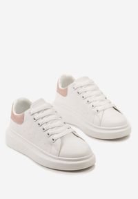 Born2be - Biało-Różowe Sneakersy z Ozdobnym Zapiętkiem i Platformą Britma. Nosek buta: okrągły. Zapięcie: sznurówki. Kolor: biały. Materiał: materiał. Obcas: na platformie. Wysokość obcasa: niski #3