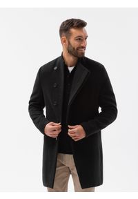 Ombre Clothing - Płaszcz męski z asymetrycznym zapięciem - czarny V2 OM-COWC-0102 - XL. Kolor: czarny. Materiał: poliester