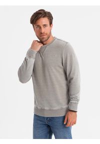Ombre Clothing - Washowana bluza męska z ozdobnym przeszyciem przy dekolcie - beżowa V2 - Rozmiar: XXL. Kolor: beżowy. Materiał: jeans, materiał, poliester, bawełna. Wzór: haft