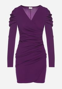Born2be - Fioletowa Sukienka Dopasowana z Drapowaniem i Kopertowym Dekoltem Olaura. Okazja: na co dzień. Typ kołnierza: dekolt kopertowy. Kolor: fioletowy. Długość rękawa: długi rękaw. Typ sukienki: kopertowe. Styl: klasyczny, casual, elegancki #2