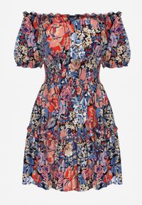 Born2be - Niebiesko-Czarna Wiskozowa Sukienka Mini z Gumkami w Pasie i Falbanką Muena. Typ kołnierza: kołnierz z falbankami. Kolor: niebieski. Materiał: wiskoza. Wzór: kwiaty. Długość: mini #3