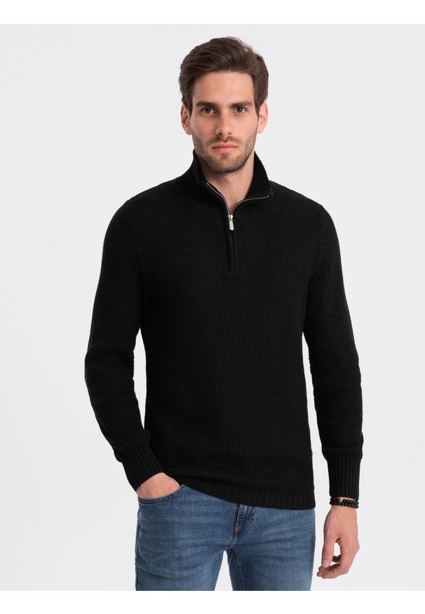 Ombre Clothing - Dzianinowy sweter męski z rozpinaną stójką - czarny V3 - Rozmiar: M. Typ kołnierza: kołnierzyk stójkowy. Kolor: czarny. Materiał: dzianina