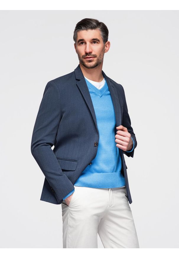 Ombre Clothing - Elegancka marynarka męska SLIM FIT z rayonem – ciemnoniebieska V3 - Rozmiar: M. Kolor: niebieski. Materiał: tkanina, poliester, materiał. Wzór: ze splotem. Styl: elegancki