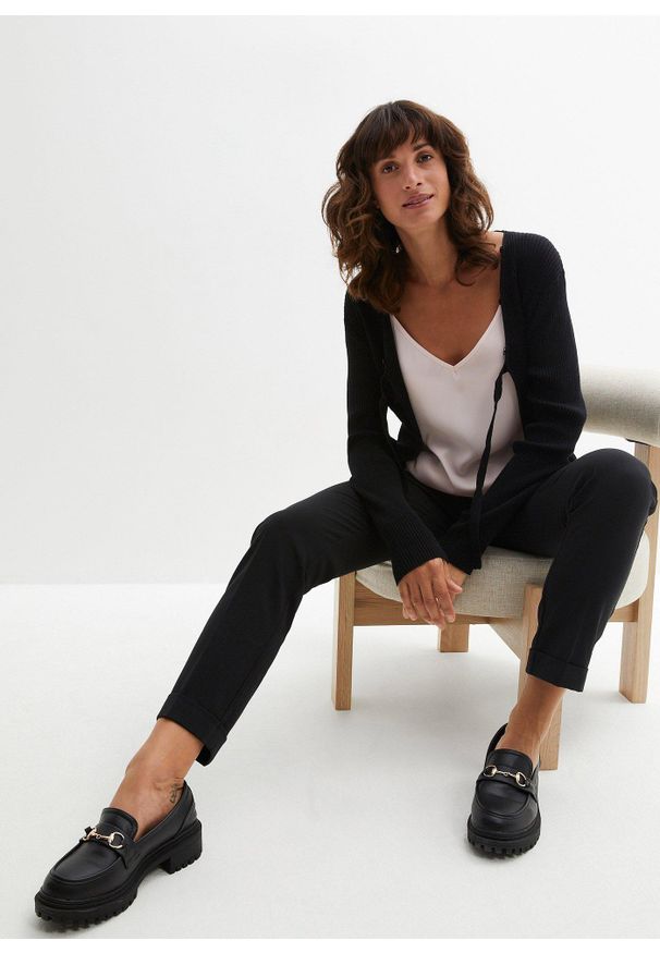 bonprix - Spodnie z gumką w talii i zakładkami. Kolor: czarny. Długość: długie