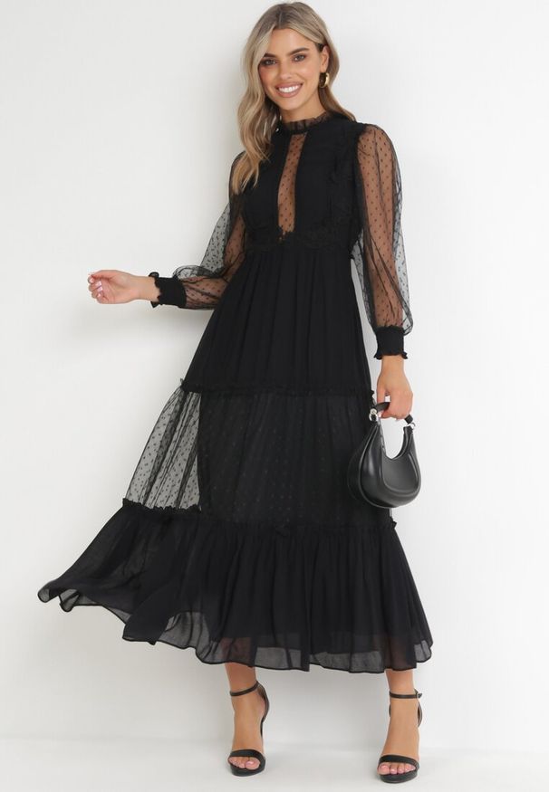 Born2be - Czarna Rozkloszowana Sukienka z Ozdobnymi Tiulowymi Wstawkami Revisa. Typ kołnierza: kołnierz z falbankami. Kolor: czarny. Materiał: tiul. Wzór: aplikacja. Długość: maxi