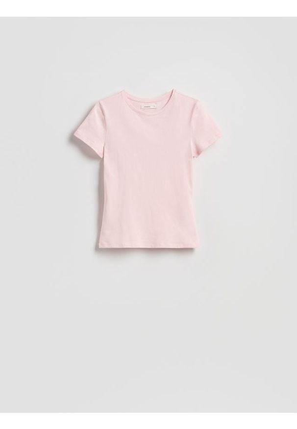 Reserved - Bawełniany t-shirt slim fit - pastelowy róż. Kolor: różowy. Materiał: bawełna