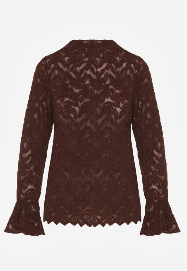 Renee - Brązowa Bluzka z Koronki ze Stójką i Falbankami przy Rękawach Nemira. Typ kołnierza: kołnierz z falbankami, kołnierzyk stójkowy. Kolor: brązowy. Materiał: koronka. Wzór: koronka