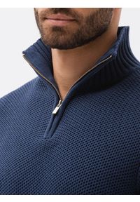 Ombre Clothing - Sweter męski ze stójką - ciemnoniebieski E194 - L. Typ kołnierza: kołnierzyk stójkowy. Kolor: niebieski. Materiał: akryl, bawełna. Wzór: prążki #3