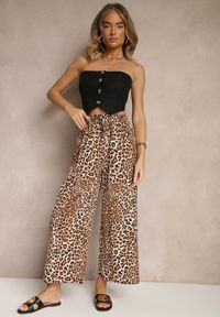 Renee - Beżowo-Brązowe Spodnie Wide Leg z Gumką w Talii w Panterkowy Wzór Filanira. Okazja: na co dzień. Kolor: czarny. Styl: elegancki, casual #5