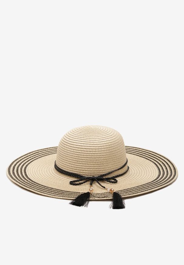 Renee - Beżowy Kapelusz z Chwostami i Koralikami z Szerokim Rondem Vadala. Kolor: beżowy. Materiał: len, materiał. Sezon: lato. Styl: boho, elegancki